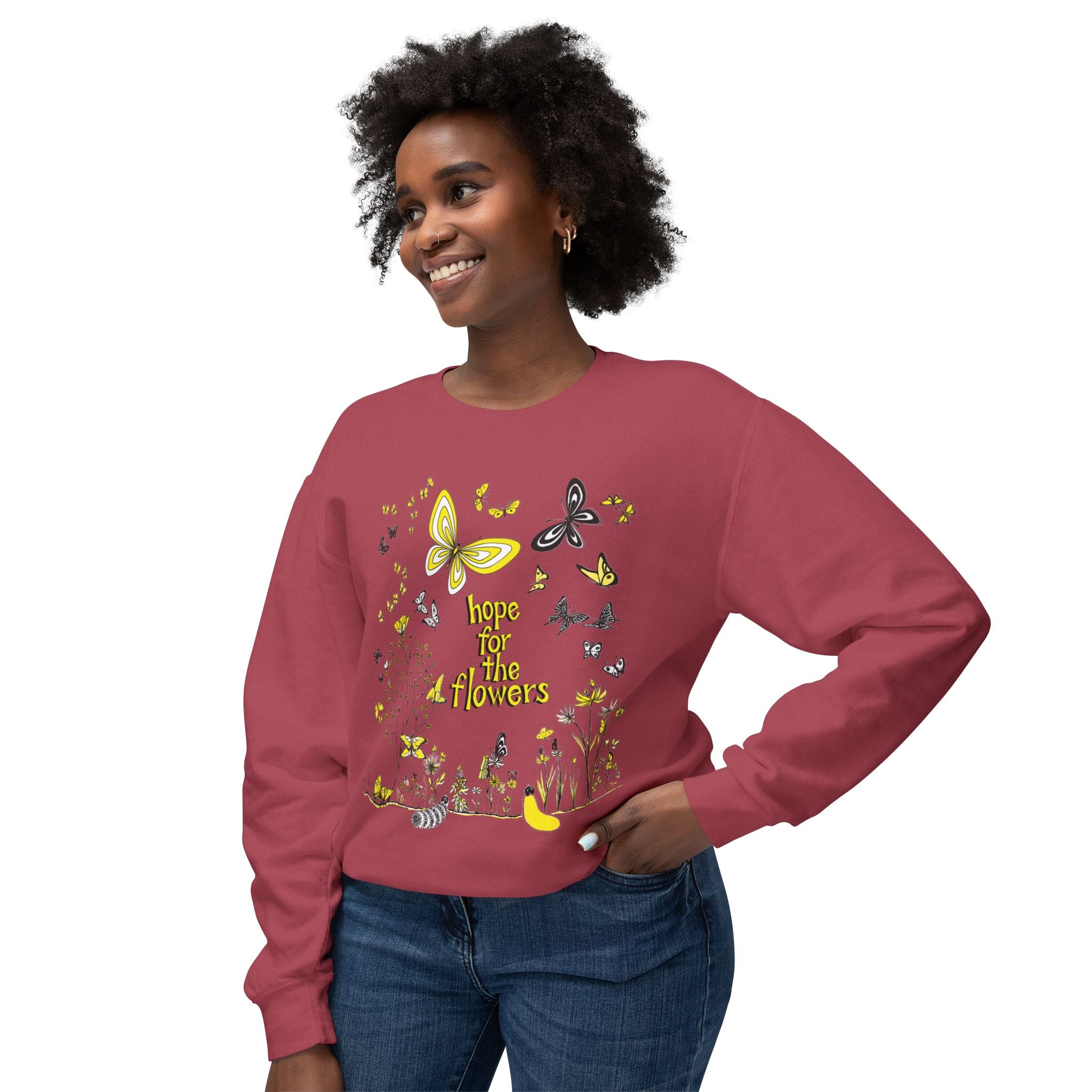Hope for the Flowers Lightweight Sweatshirt | 100% Ring-Spun Cotton | Relaxed Crewneck | Nature-Inspired Butterfly Design | Sustainable Gift of Hope