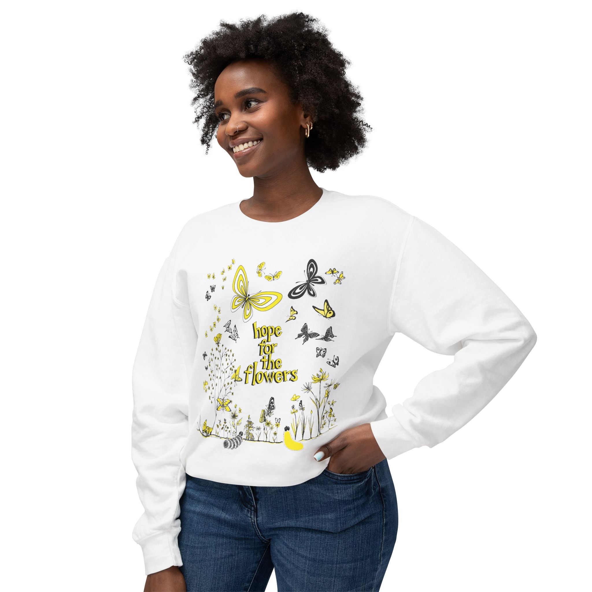 Hope for the Flowers Lightweight Sweatshirt | 100% Ring-Spun Cotton | Relaxed Crewneck | Nature-Inspired Butterfly Design | Sustainable Gift of Hope