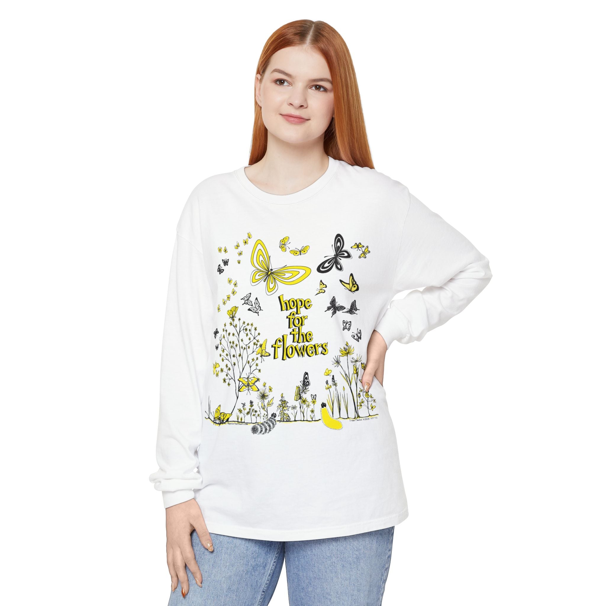 Hope for the Flowers 100% Ring-Spun Cotton Unisex Long Sleeve Tee |  | Garment-Dyed Unisex Shirt | Inspirational Butterfly Design | Sustainable Gift of Hope